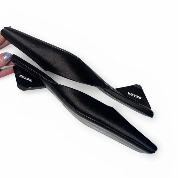 PRADA Satin Triangle Heel Mules Black Square Toe Kitten Heel IT 40 US 10 Slides - Picture 7 of 13